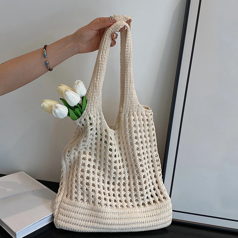 Vintage Hollow Design Woven Women Shoulder Bag Knitting Large Capacity Handbags Summer Travel Shopper Tote For Ladies Beach Bags