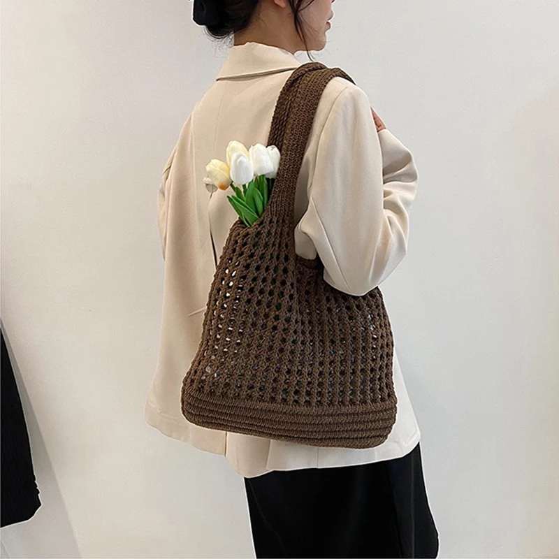 Vintage Hollow Design Woven Women Shoulder Bag Knitting Large Capacity Handbags Summer Travel Shopper Tote For Ladies Beach Bags