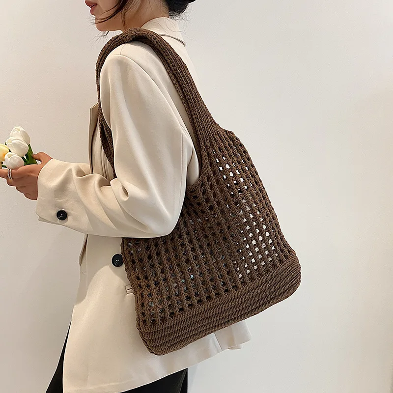 Vintage Hollow Design Woven Women Shoulder Bag Knitting Large Capacity Handbags Summer Travel Shopper Tote For Ladies Beach Bags