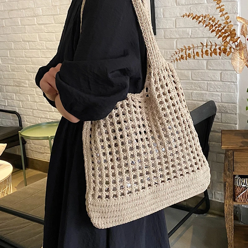 Vintage Hollow Design Woven Women Shoulder Bag Knitting Large Capacity Handbags Summer Travel Shopper Tote For Ladies Beach Bags