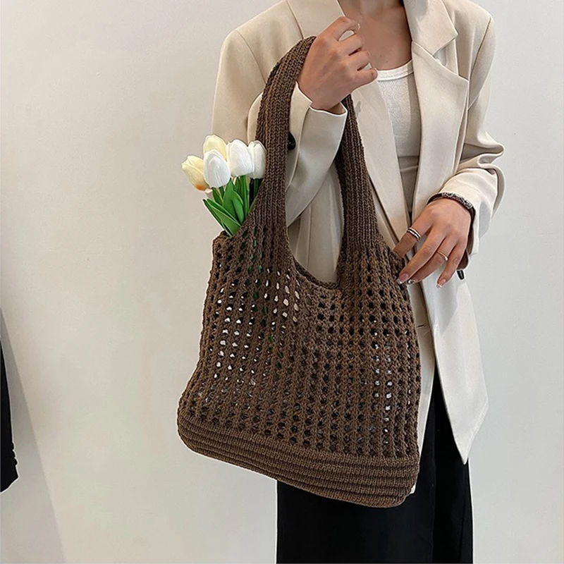 Vintage Hollow Design Woven Women Shoulder Bag Knitting Large Capacity Handbags Summer Travel Shopper Tote For Ladies Beach Bags