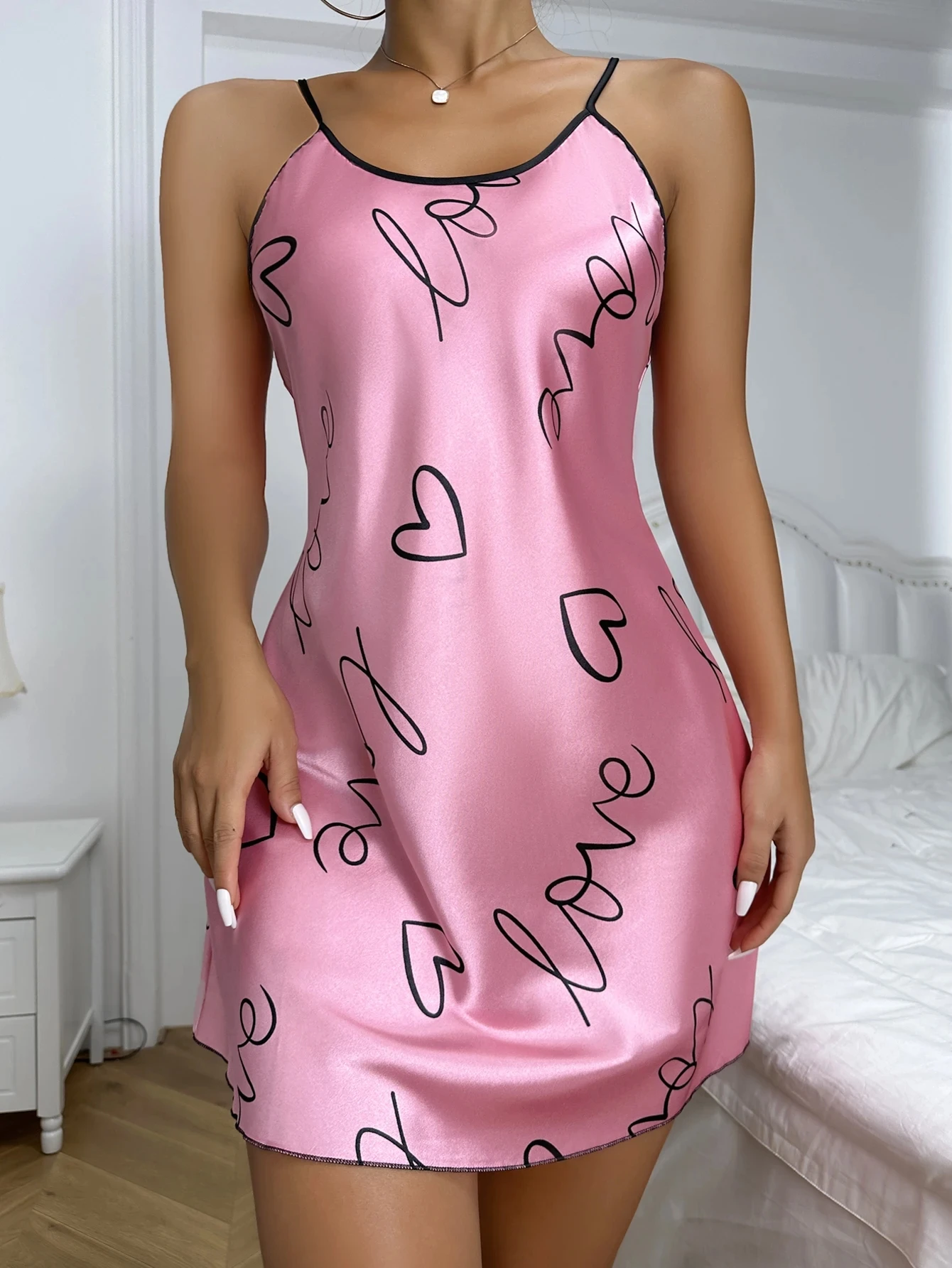Heart Letter Print Nightdress Casual Round Neck Spaghetti Strap Sleep Dress Women's Sleepwear Dresses