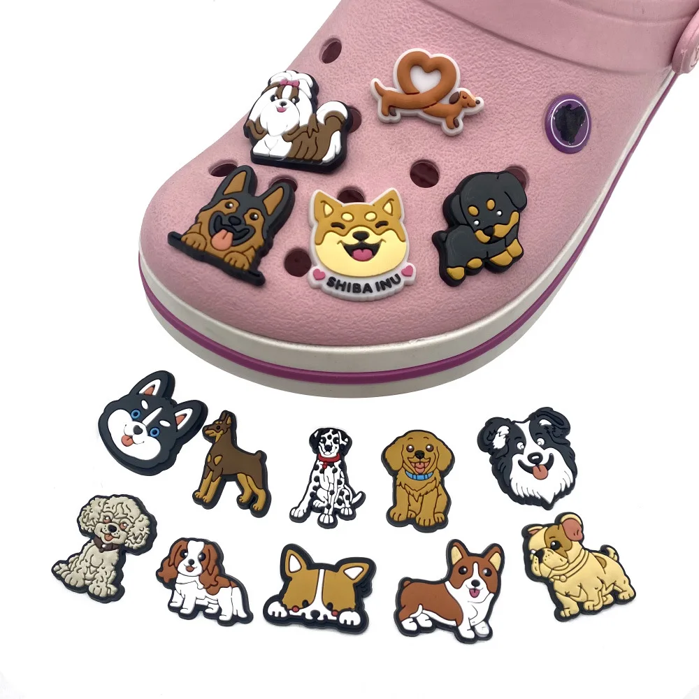Hot Sales 1Pcs PVC Cute Dog Shoe Charms Animals Pin for Crocs Accessories Sandals Wristband Decorations Boys Girls Party Gifts