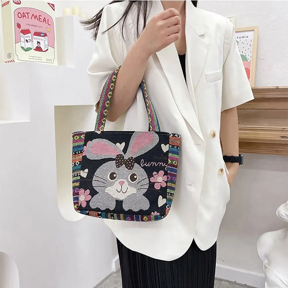 1Pcs Animal Ethnic Style Handbag Trendy Embroidery Elephant Peacock Handbag Rabbit Canvas Tote Bag Storage Bag