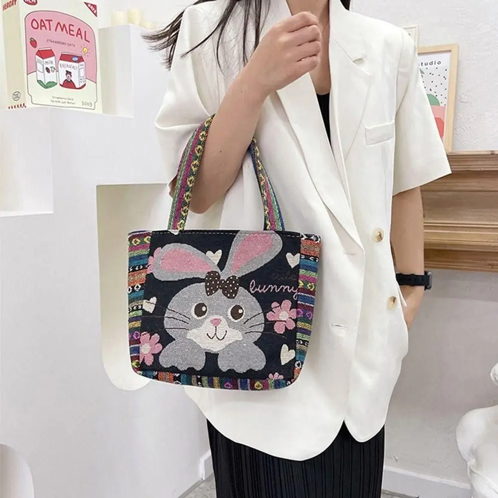 1Pcs Animal Ethnic Style Handbag Trendy Embroidery Elephant Peacock Handbag Rabbit Canvas Tote Bag Storage Bag