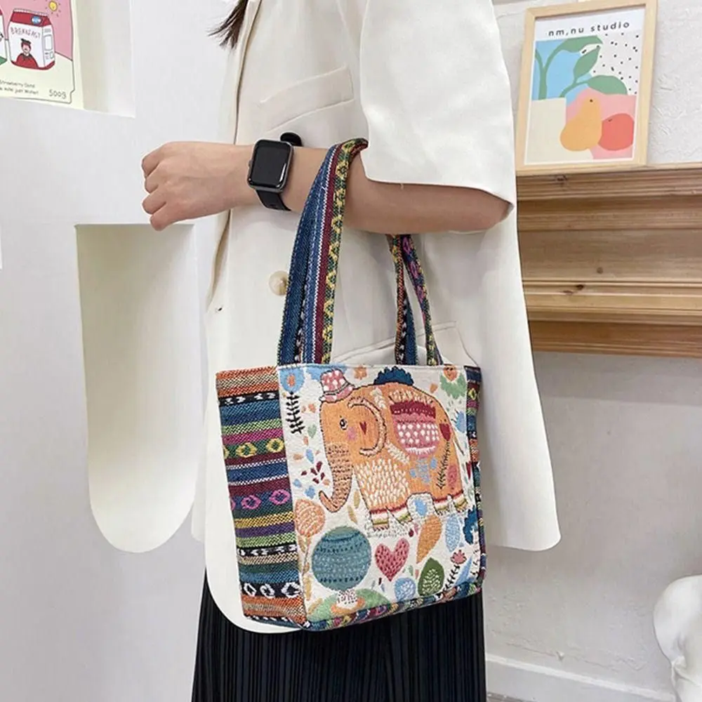 1Pcs Animal Ethnic Style Handbag Trendy Embroidery Elephant Peacock Handbag Rabbit Canvas Tote Bag Storage Bag