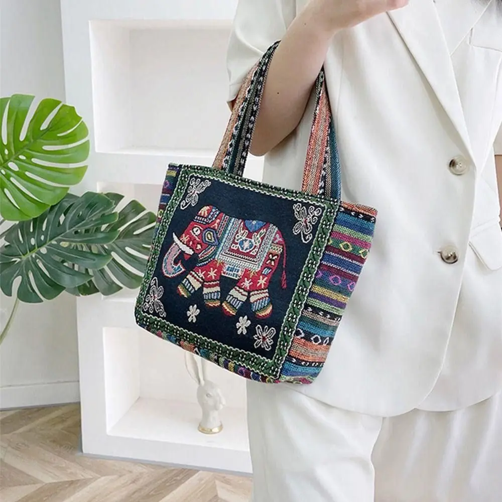1Pcs Animal Ethnic Style Handbag Trendy Embroidery Elephant Peacock Handbag Rabbit Canvas Tote Bag Storage Bag