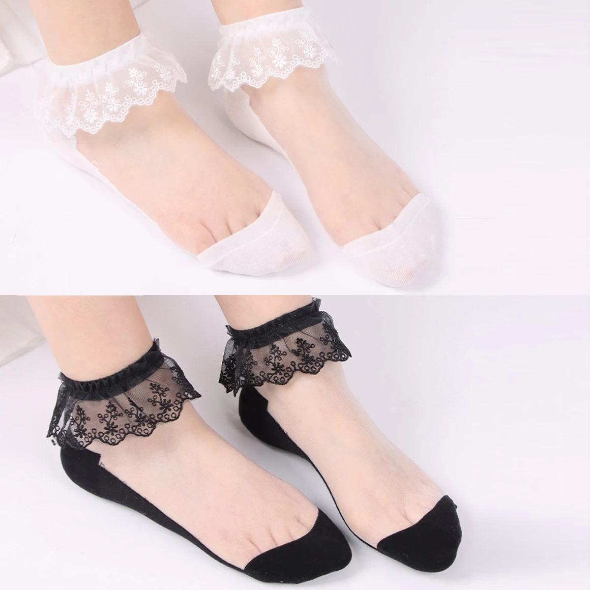 Women Lolita Transparent Mesh Crew Socks Sweet Ruffled Lace Trim Bowknot Cute Love Heart Pattern Anime Princess Hosiery