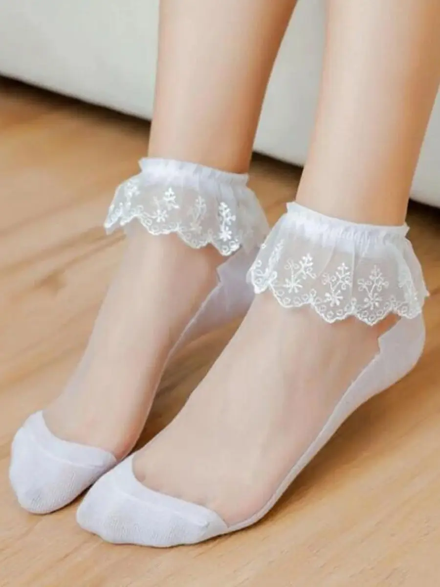 Women Lolita Transparent Mesh Crew Socks Sweet Ruffled Lace Trim Bowknot Cute Love Heart Pattern Anime Princess Hosiery