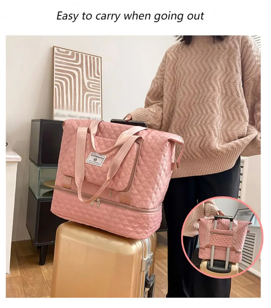 Large Capacity Travel Dufffle Bag for Women Lightweight Argyle Pattern Weekend Overnight Bag Thickened Gym Storage Bag