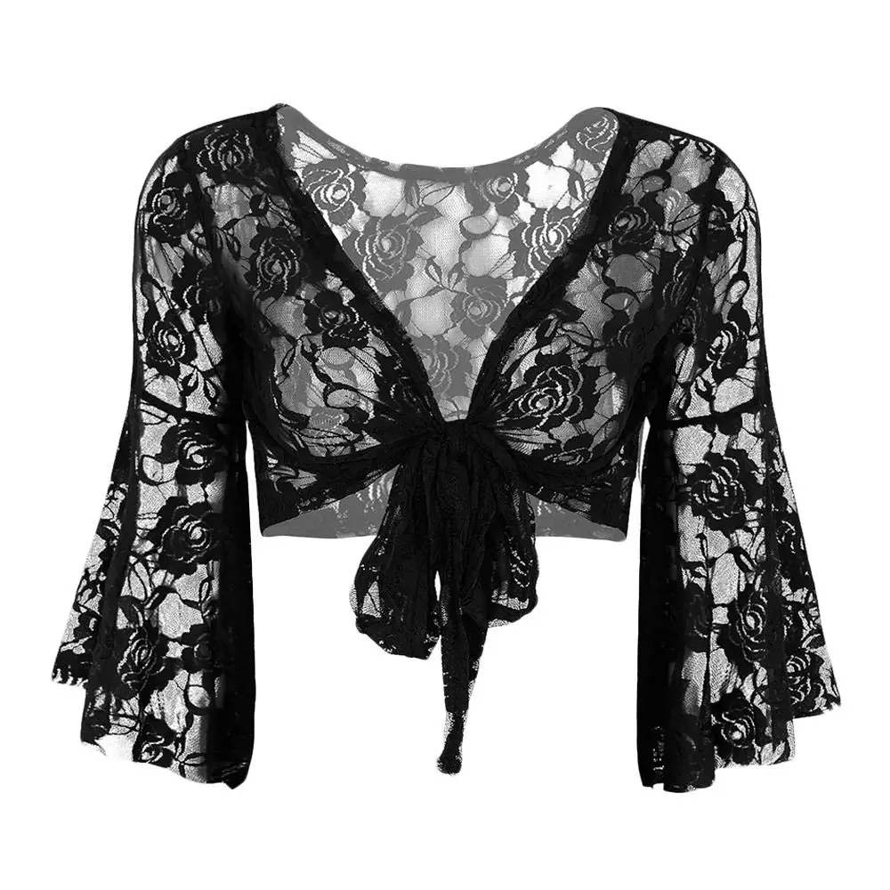 Women's Belly Dance Top Short Cardigan Lace Long Sleeve Shrug Lace-up Shirt Gymnastics Cover Up Cardigan Wraps