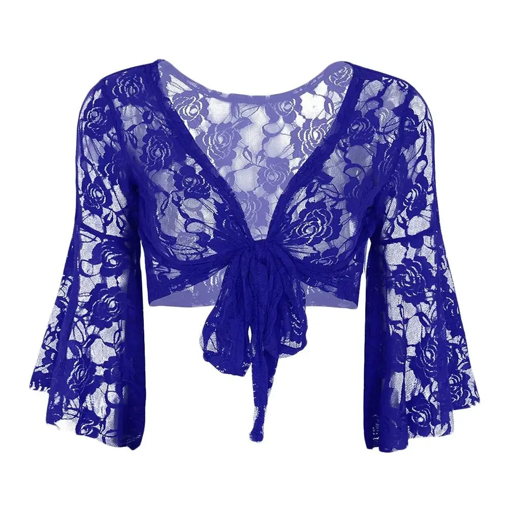 Women's Belly Dance Top Short Cardigan Lace Long Sleeve Shrug Lace-up Shirt Gymnastics Cover Up Cardigan Wraps