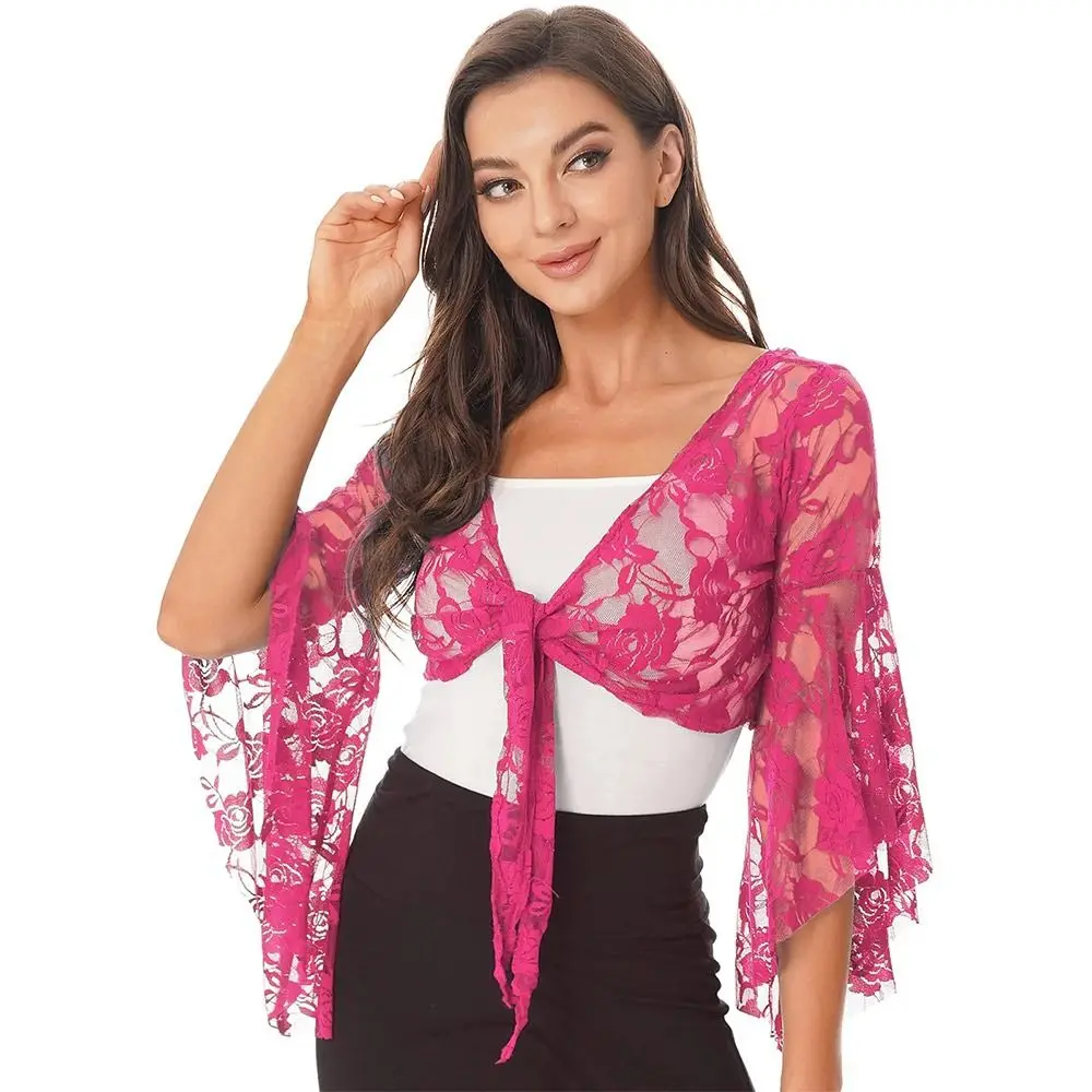 Women's Belly Dance Top Short Cardigan Lace Long Sleeve Shrug Lace-up Shirt Gymnastics Cover Up Cardigan Wraps
