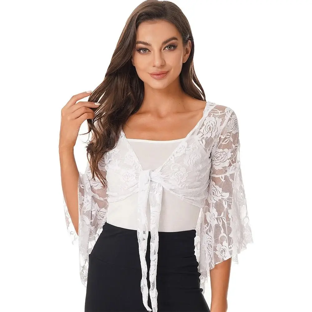 Women's Belly Dance Top Short Cardigan Lace Long Sleeve Shrug Lace-up Shirt Gymnastics Cover Up Cardigan Wraps