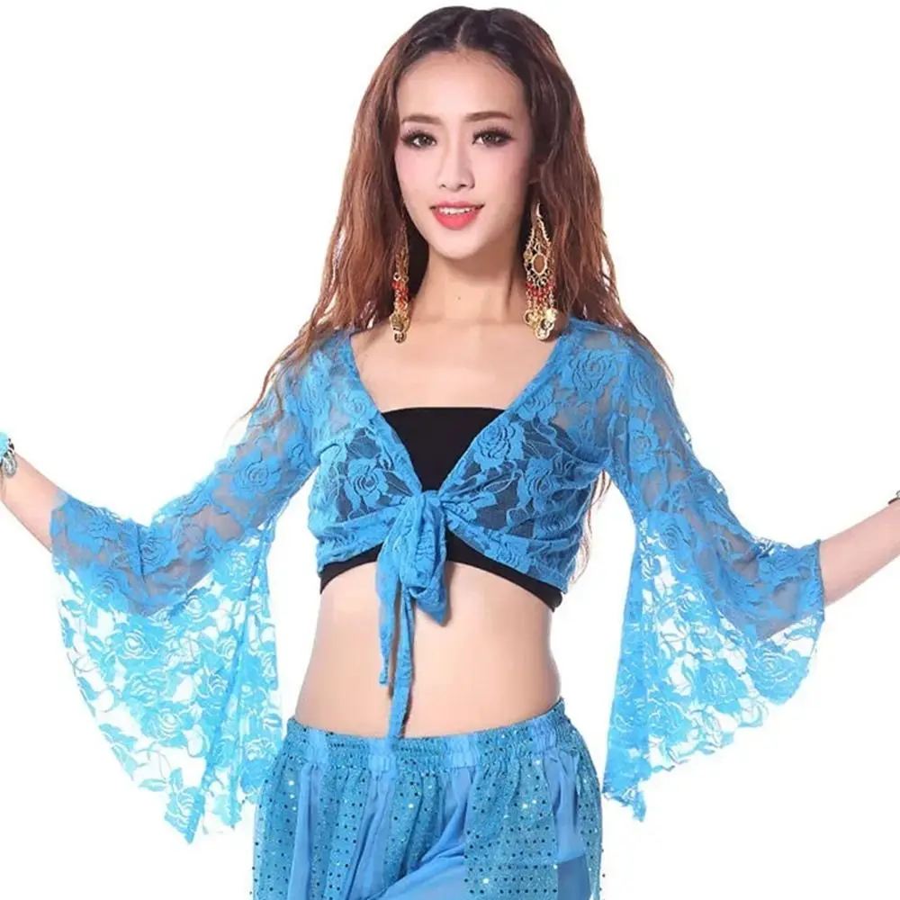 Women's Belly Dance Top Short Cardigan Lace Long Sleeve Shrug Lace-up Shirt Gymnastics Cover Up Cardigan Wraps