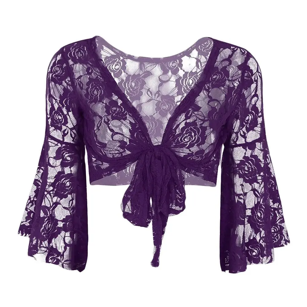 Women's Belly Dance Top Short Cardigan Lace Long Sleeve Shrug Lace-up Shirt Gymnastics Cover Up Cardigan Wraps