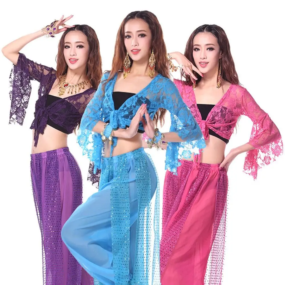 Women's Belly Dance Top Short Cardigan Lace Long Sleeve Shrug Lace-up Shirt Gymnastics Cover Up Cardigan Wraps