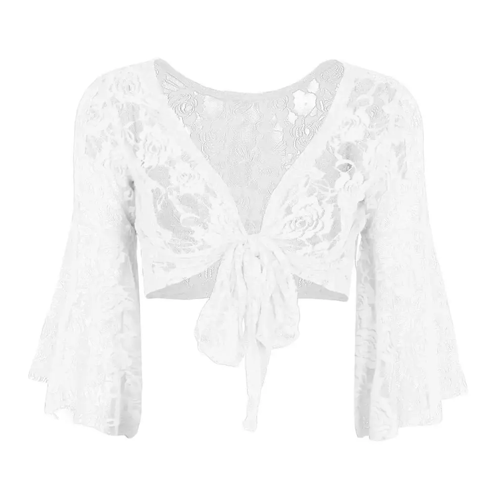 Women's Belly Dance Top Short Cardigan Lace Long Sleeve Shrug Lace-up Shirt Gymnastics Cover Up Cardigan Wraps
