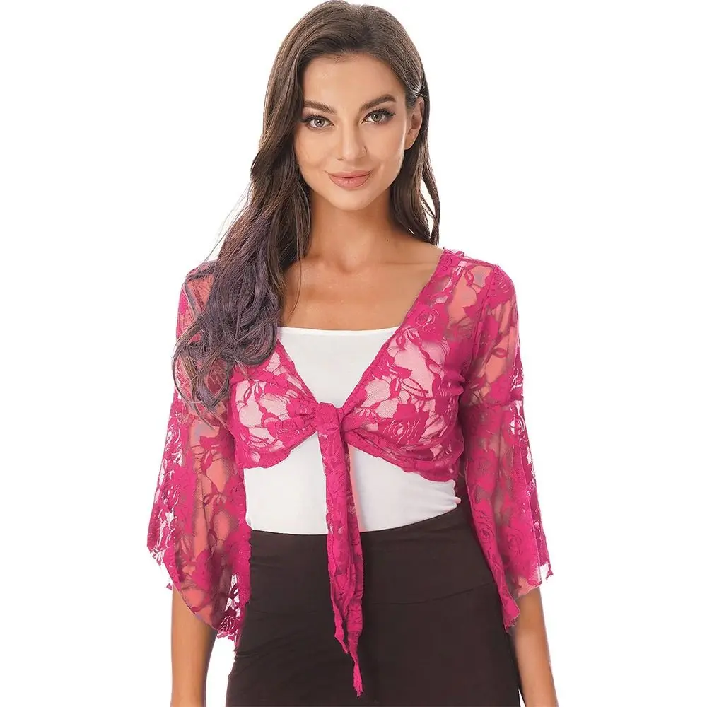 Women's Belly Dance Top Short Cardigan Lace Long Sleeve Shrug Lace-up Shirt Gymnastics Cover Up Cardigan Wraps