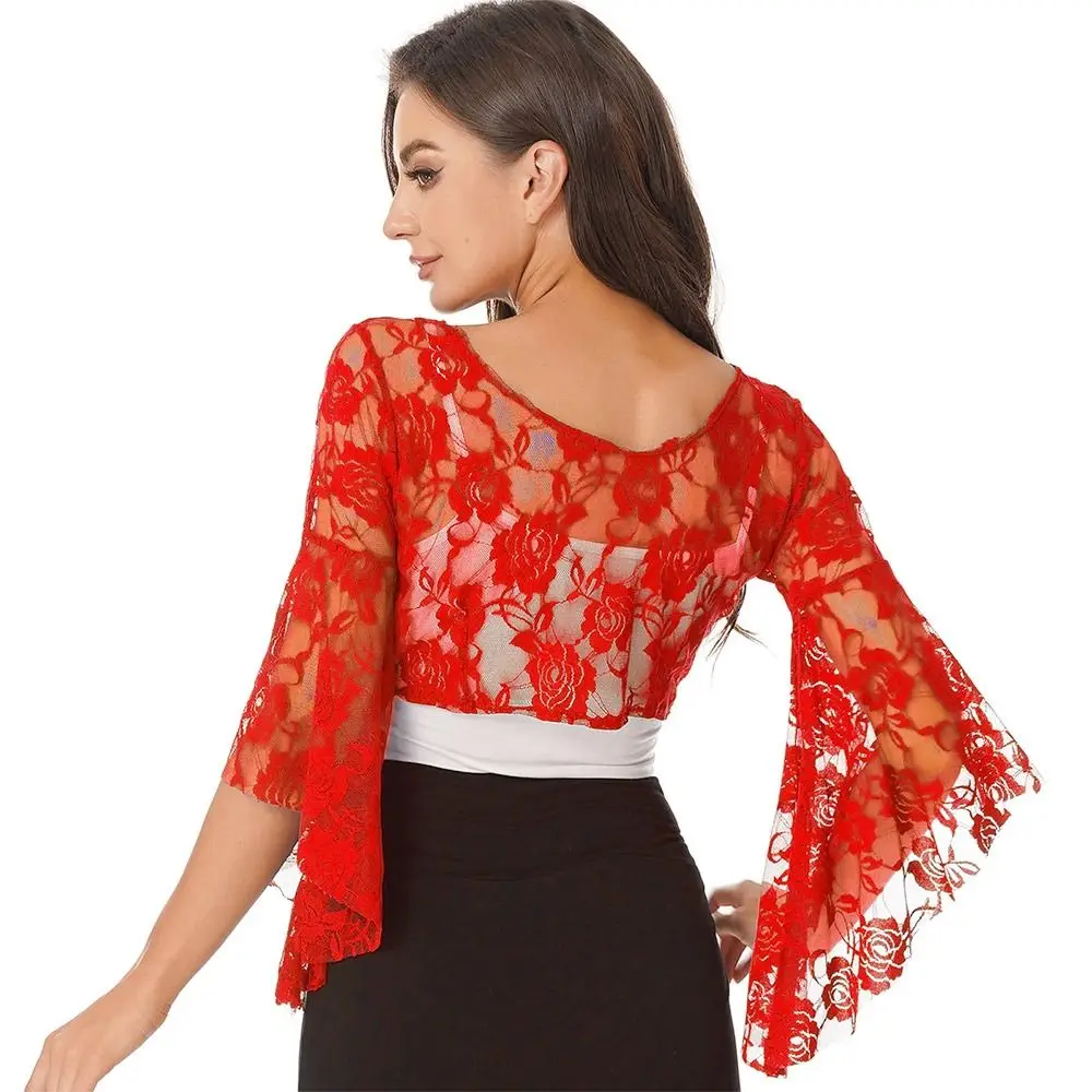 Women's Belly Dance Top Short Cardigan Lace Long Sleeve Shrug Lace-up Shirt Gymnastics Cover Up Cardigan Wraps
