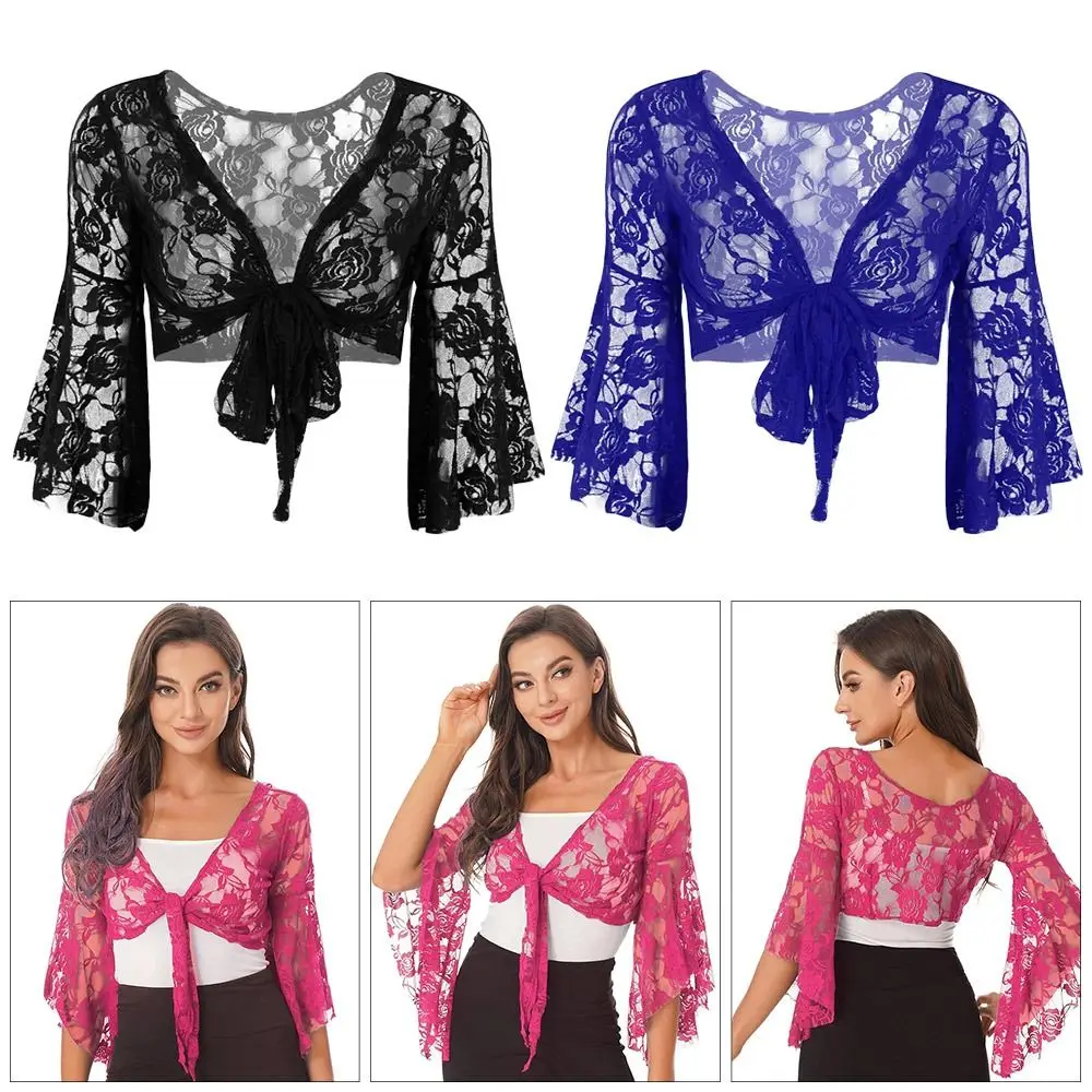 Women's Belly Dance Top Short Cardigan Lace Long Sleeve Shrug Lace-up Shirt Gymnastics Cover Up Cardigan Wraps