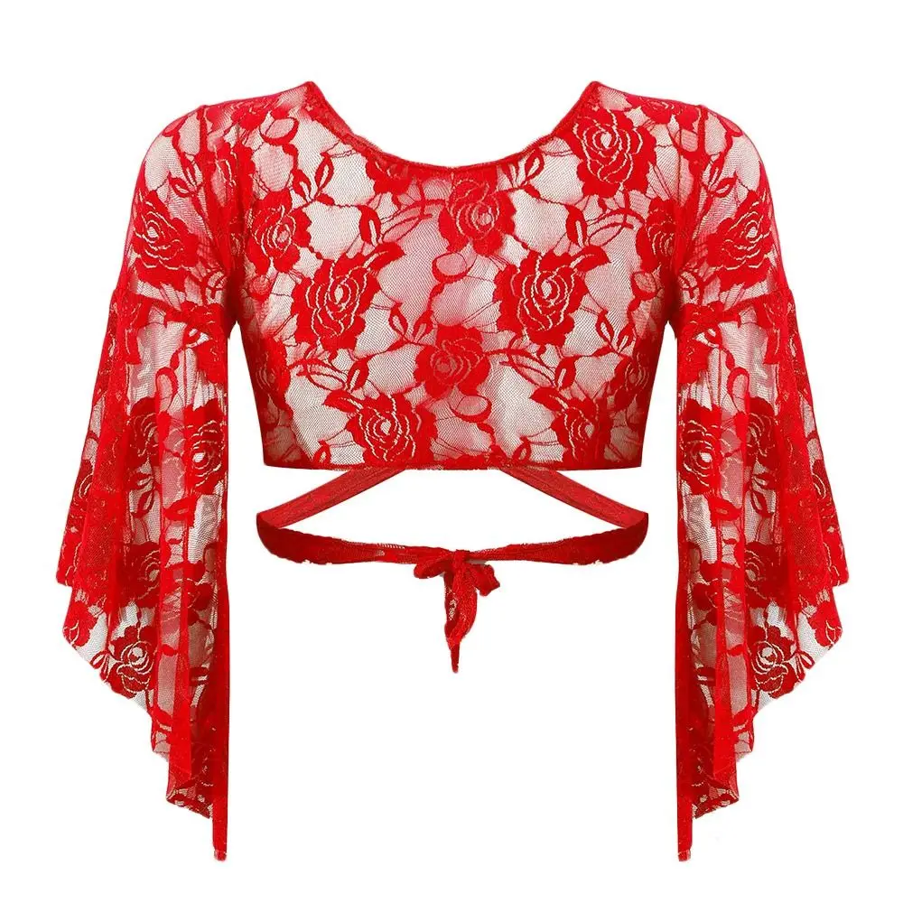 Women's Belly Dance Top Short Cardigan Lace Long Sleeve Shrug Lace-up Shirt Gymnastics Cover Up Cardigan Wraps