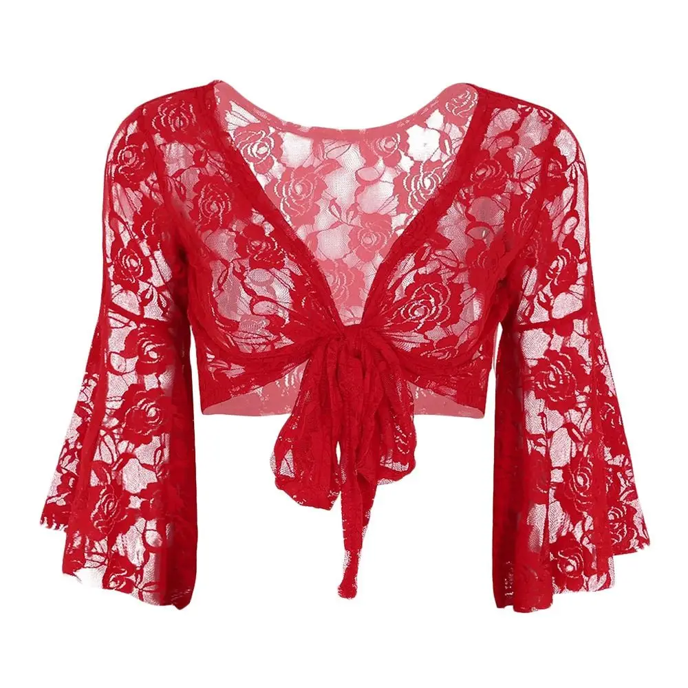 Women's Belly Dance Top Short Cardigan Lace Long Sleeve Shrug Lace-up Shirt Gymnastics Cover Up Cardigan Wraps
