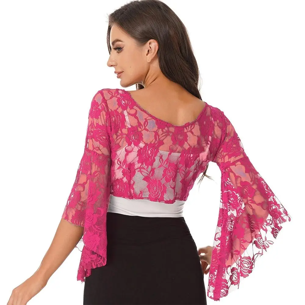Women's Belly Dance Top Short Cardigan Lace Long Sleeve Shrug Lace-up Shirt Gymnastics Cover Up Cardigan Wraps