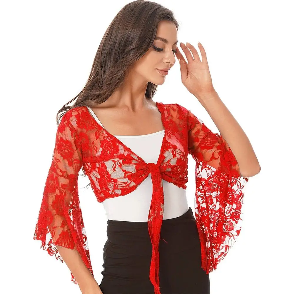 Women's Belly Dance Top Short Cardigan Lace Long Sleeve Shrug Lace-up Shirt Gymnastics Cover Up Cardigan Wraps