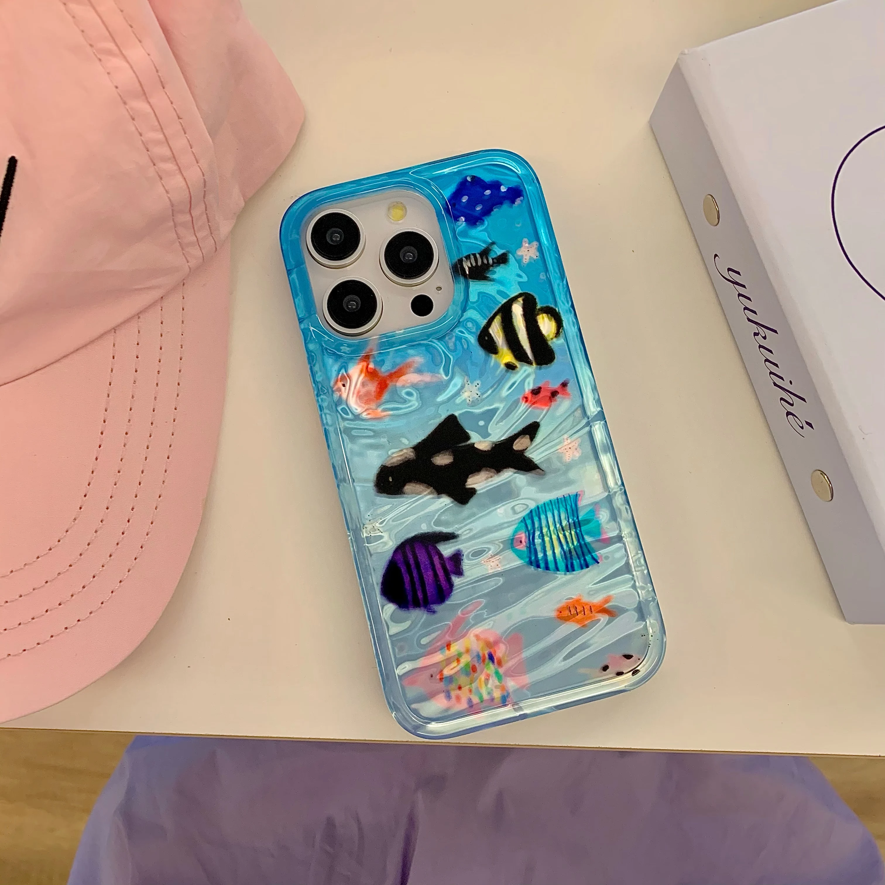 Korean Ripple Texture Aquaria Lovely Fishes Case for iPhone 18 17 16 15 14 13 11 Pro Max Plus Back Phone Cover for 12 Pro Max