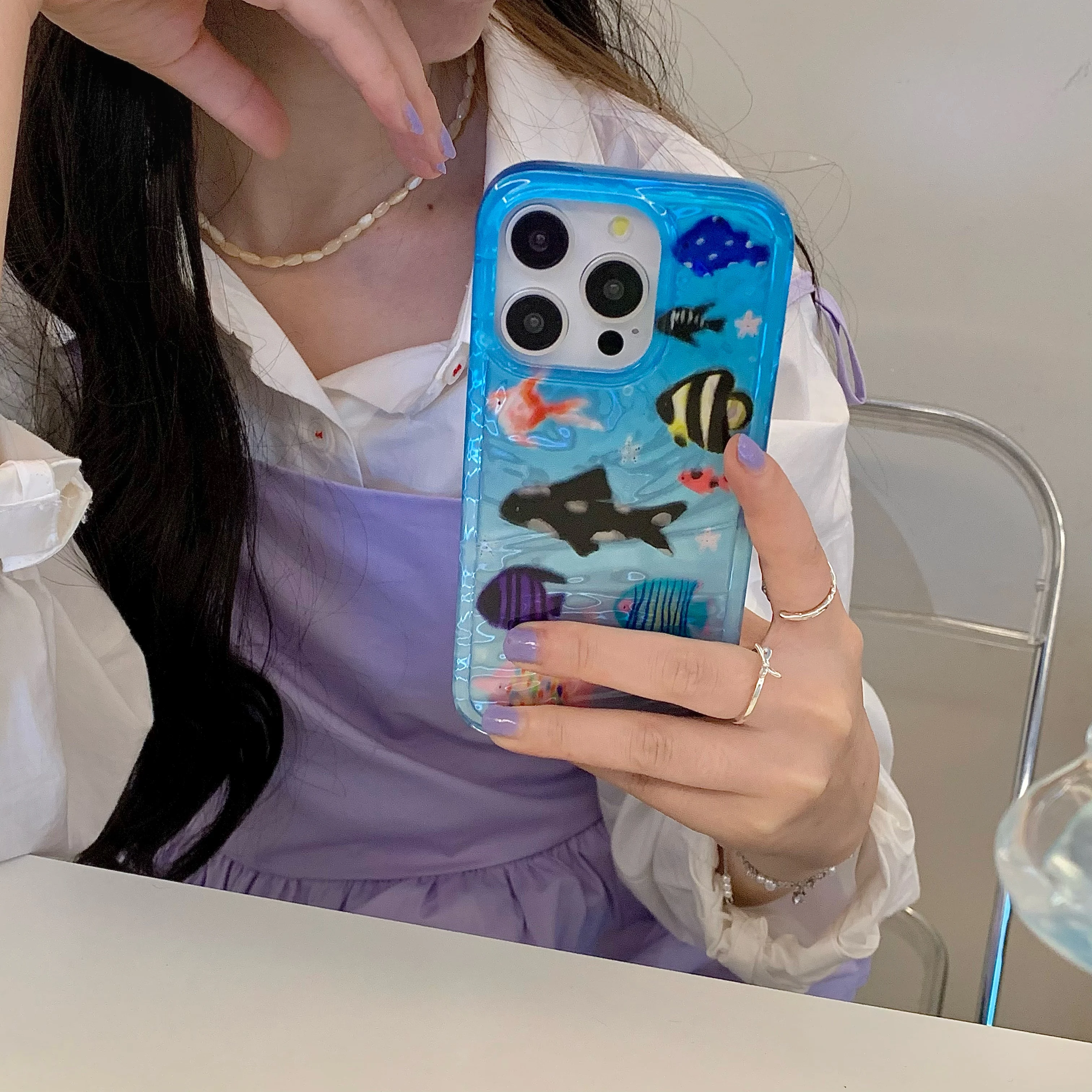 Korean Ripple Texture Aquaria Lovely Fishes Case for iPhone 18 17 16 15 14 13 11 Pro Max Plus Back Phone Cover for 12 Pro Max