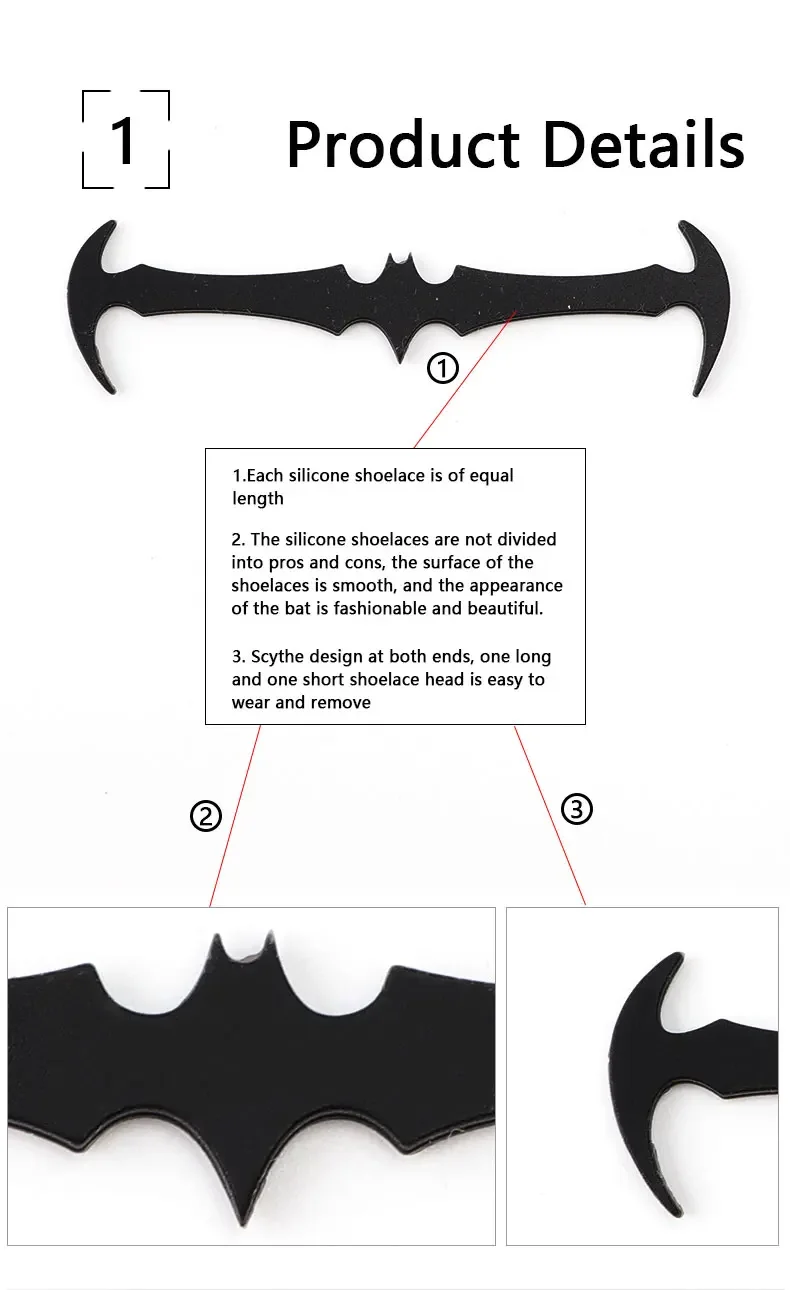 Bat Shape No Tie Shoe laces Silicone Shoelaces Without ties Elastic Laces Sneakers Kids Adult Rubber Shoelace for Shoes 12Pcs