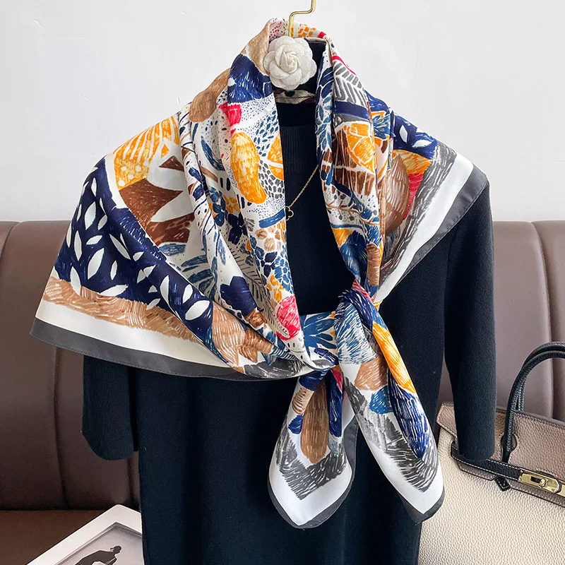 Twill Silk Scarf Women 90cm Square Hijab Shawls And Wraps Female Foulard Headkerchief Elegant Floral Summer Autumn Lady Bandana