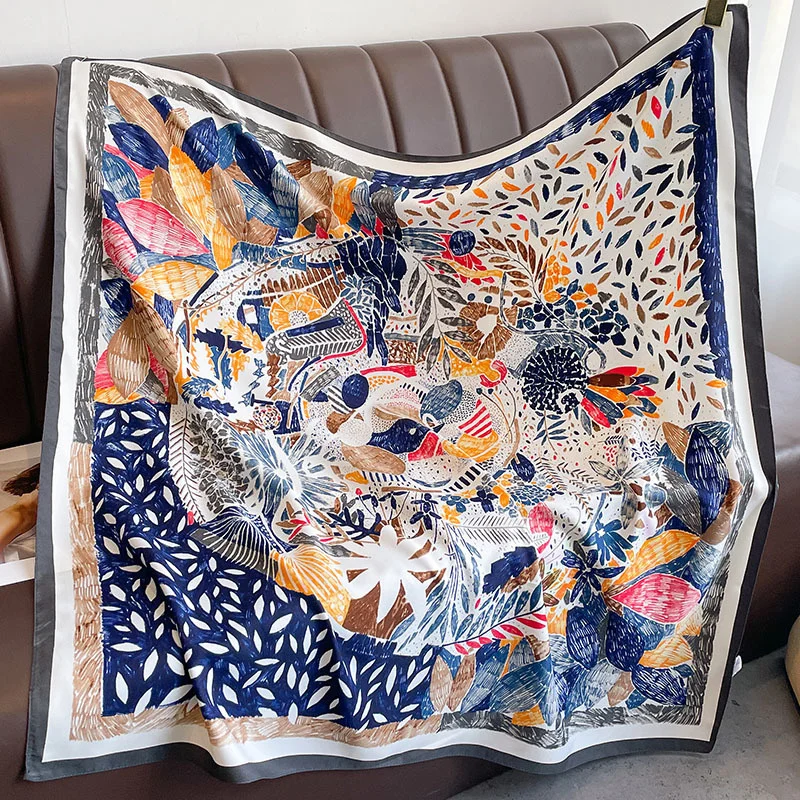 Twill Silk Scarf Women 90cm Square Hijab Shawls And Wraps Female Foulard Headkerchief Elegant Floral Summer Autumn Lady Bandana