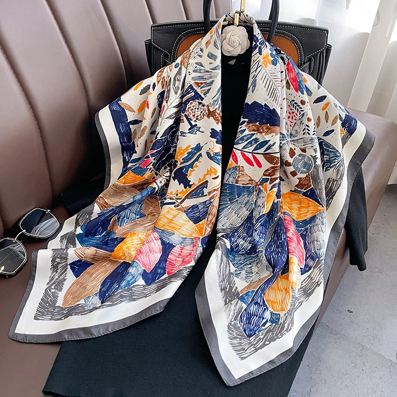 Twill Silk Scarf Women 90cm Square Hijab Shawls And Wraps Female Foulard Headkerchief Elegant Floral Summer Autumn Lady Bandana