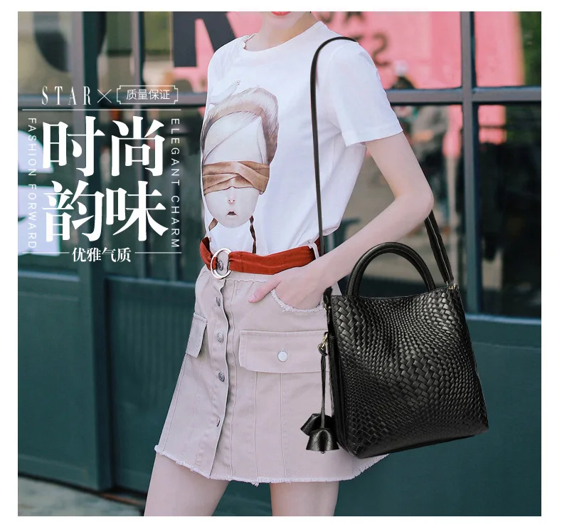 Fashionable and luxurious woven pattern casual versatile black woven pattern daily commuting cowhide women's handbag