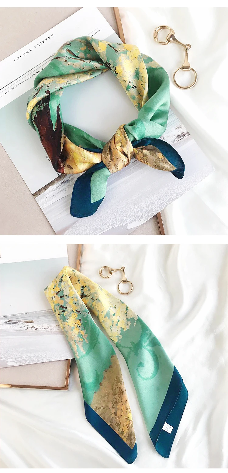 Spring/Summer Golden Tree Print Neck Scarf Outdoor Decoration Wrap for Women Breathable 70*70cm Imitation Square Scarf