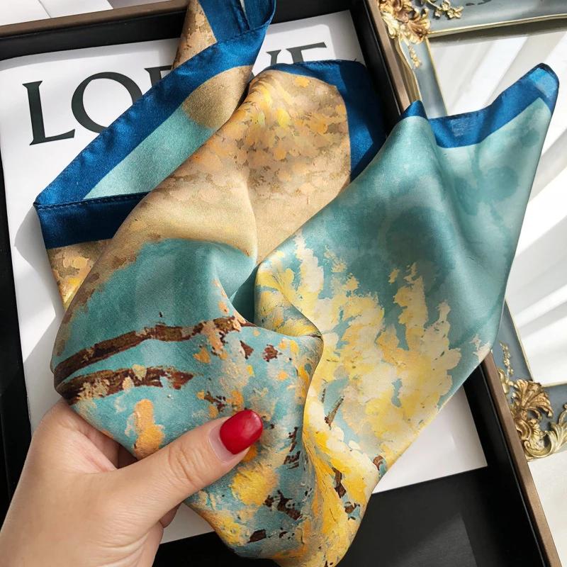 Spring/Summer Golden Tree Print Neck Scarf Outdoor Decoration Wrap for Women Breathable 70*70cm Imitation Square Scarf