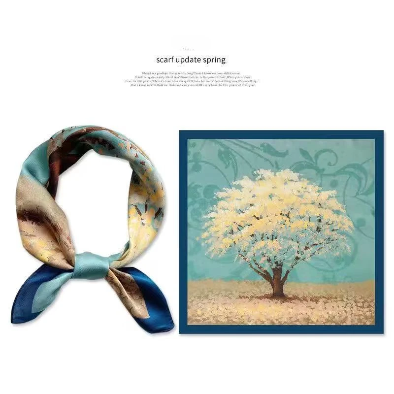 Spring/Summer Golden Tree Print Neck Scarf Outdoor Decoration Wrap for Women Breathable 70*70cm Imitation Square Scarf