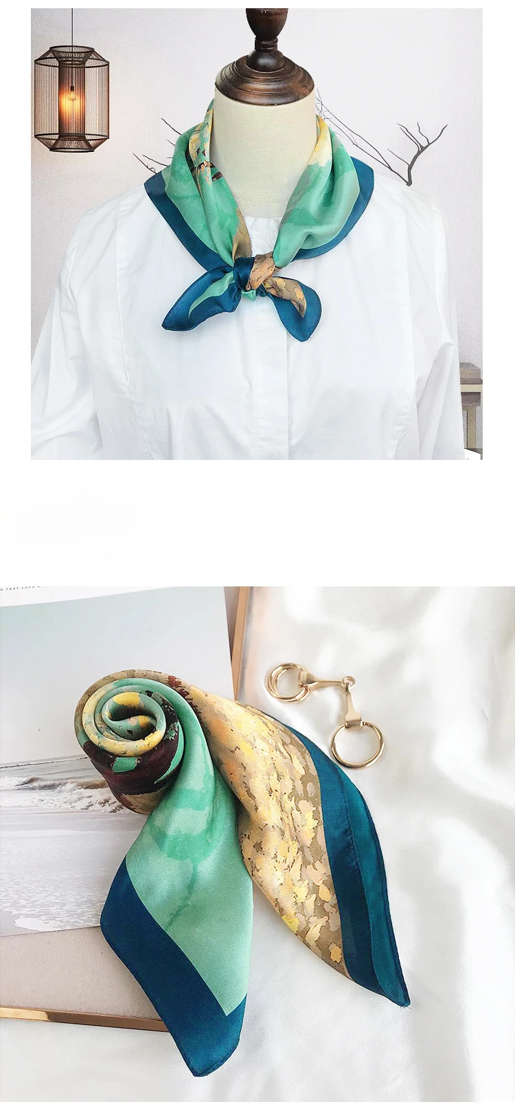Spring/Summer Golden Tree Print Neck Scarf Outdoor Decoration Wrap for Women Breathable 70*70cm Imitation Square Scarf