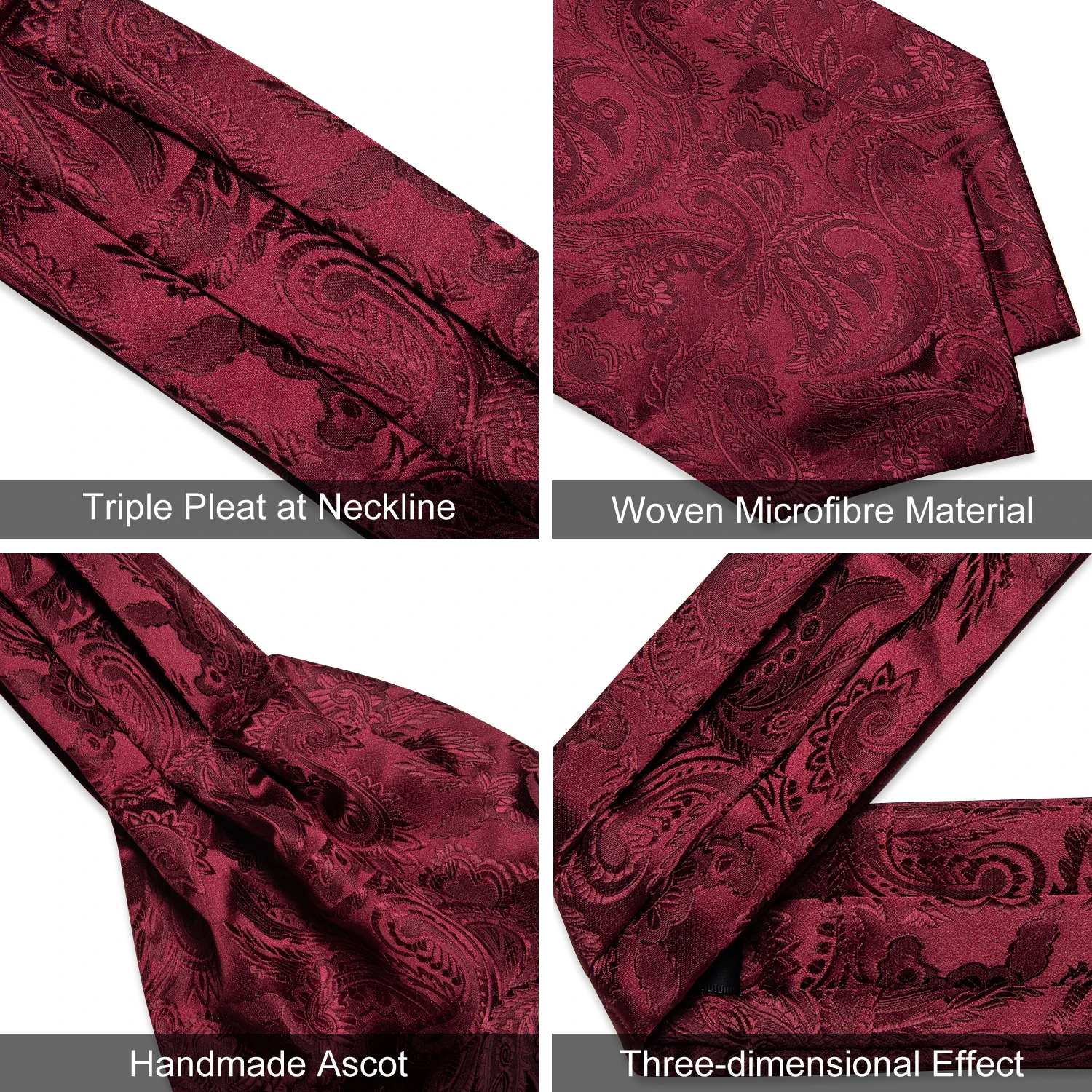 Men's Ascot Tie Silver Plaid Red Paisley Pink Golden Color Solid Neck Tie Set with Handkerchief Cufflinks Wedding Party Gift