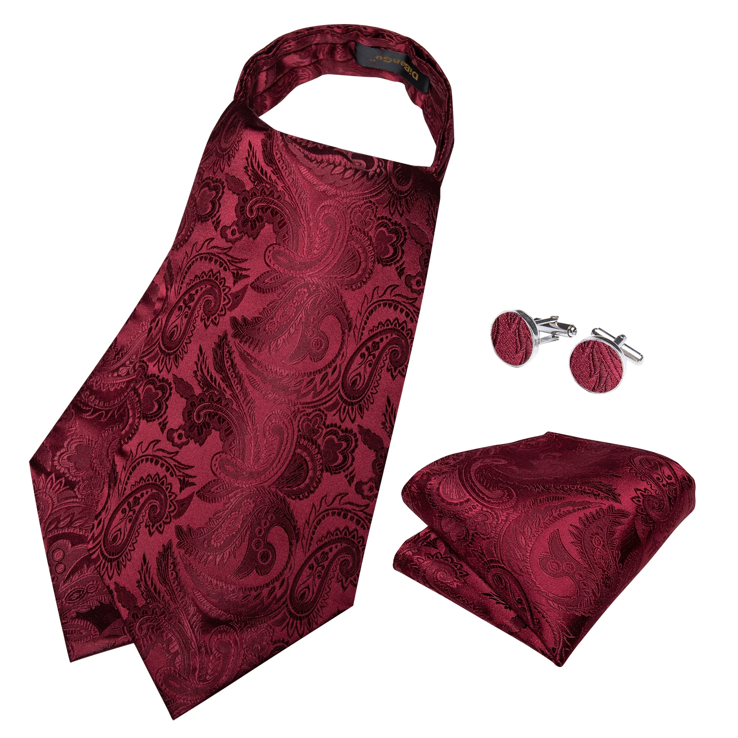 Men's Ascot Tie Silver Plaid Red Paisley Pink Golden Color Solid Neck Tie Set with Handkerchief Cufflinks Wedding Party Gift