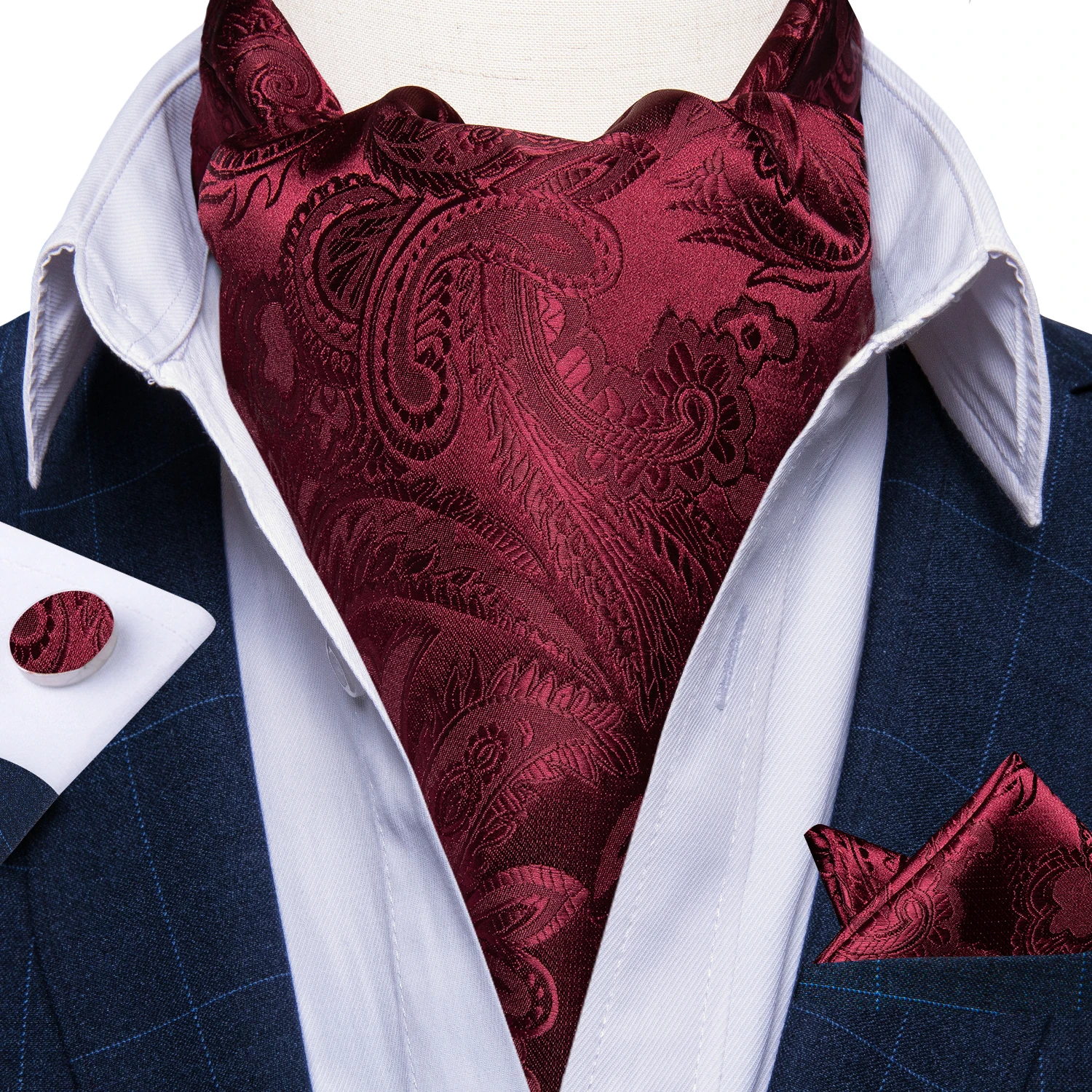Men's Ascot Tie Silver Plaid Red Paisley Pink Golden Color Solid Neck Tie Set with Handkerchief Cufflinks Wedding Party Gift