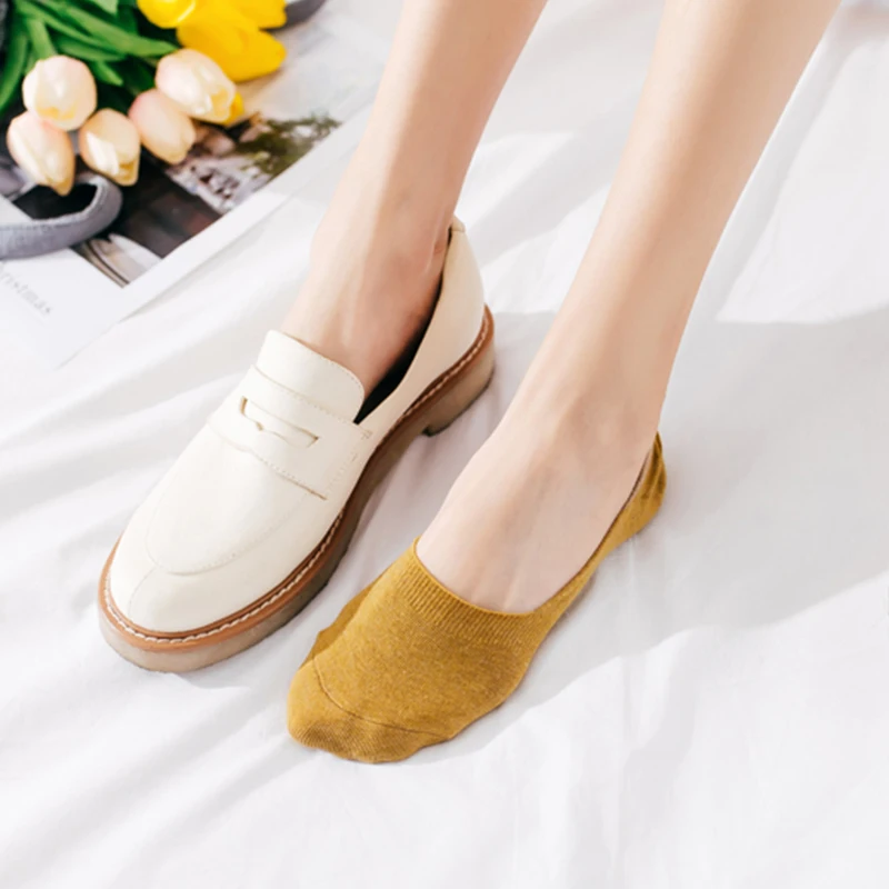 10 Pairs Women Cotton Low Cut Socks Solid Color Softable Summer Silicone Non-slip Deep Mouth Prevent Heel Loss Slipper Socks
