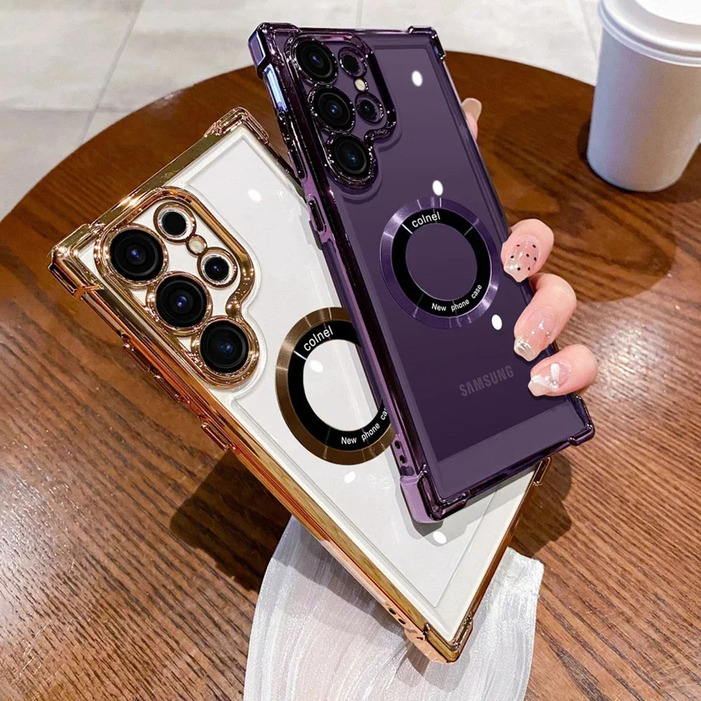 Luxury Plating Magnetic Clear Case for Samsung Galaxy A55 5G A56 A54 S25 Edge S24 Ultra S23 FE S22 S21 Shockproof Silicone Cover