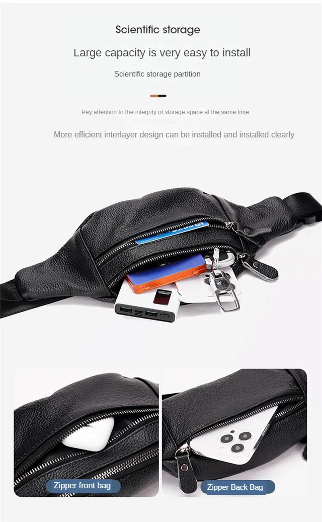Men's Genuine Leather Chest Bag Double Zipper Cowhide Fanny Pack Casual Crossbody Sling Bag for Daily Commute & Travel