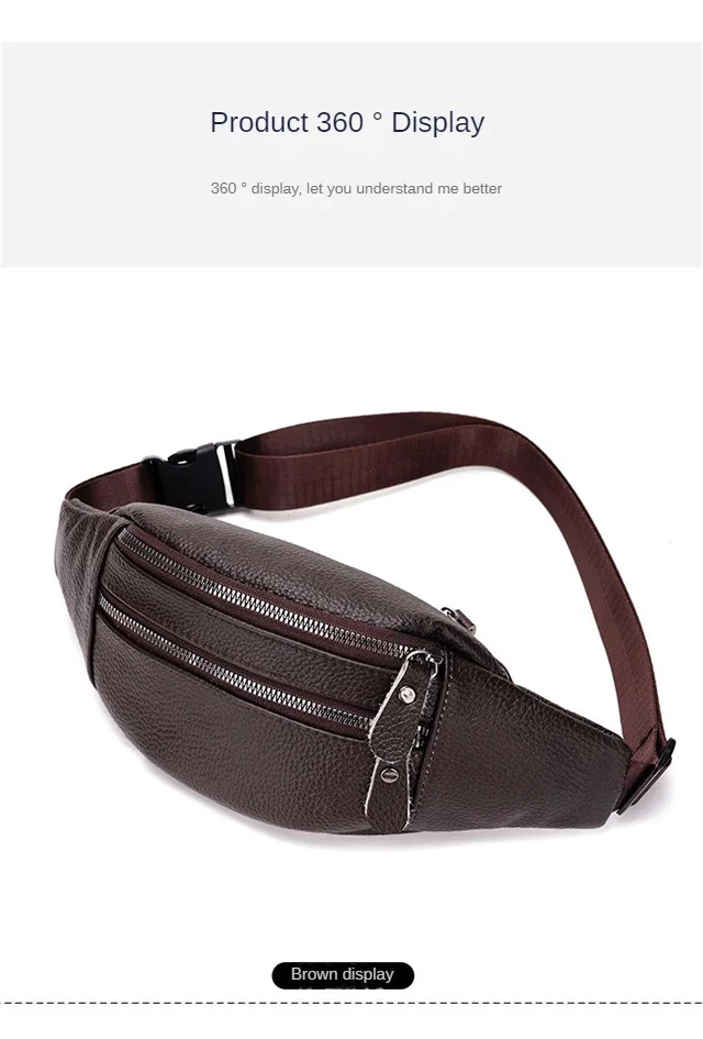 Men's Genuine Leather Chest Bag Double Zipper Cowhide Fanny Pack Casual Crossbody Sling Bag for Daily Commute & Travel