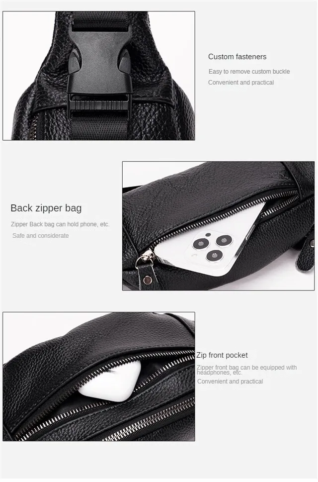 Men's Genuine Leather Chest Bag Double Zipper Cowhide Fanny Pack Casual Crossbody Sling Bag for Daily Commute & Travel