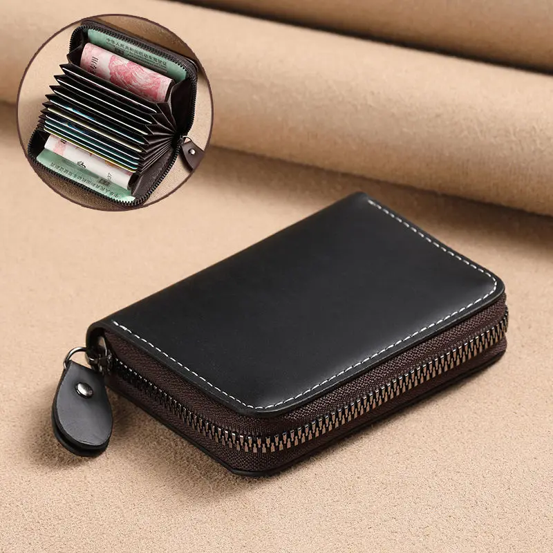 PU Leather Card Holder Vintage Small Wallet Women Men Business Bank Credit Card Bag Male Coin Pouch Solid Color Zipper Wallet