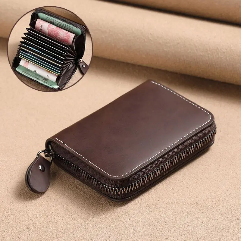 PU Leather Card Holder Vintage Small Wallet Women Men Business Bank Credit Card Bag Male Coin Pouch Solid Color Zipper Wallet